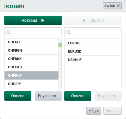 Új devizapárok felvétele ablak