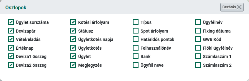 Napló oszlopok kiválasztása