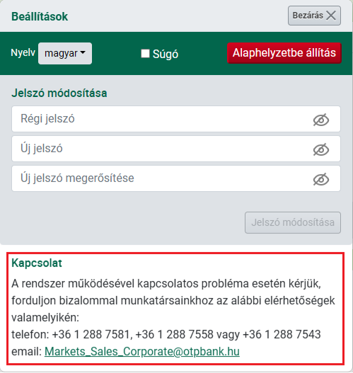 Kapcsolati információ Beállítások panelen