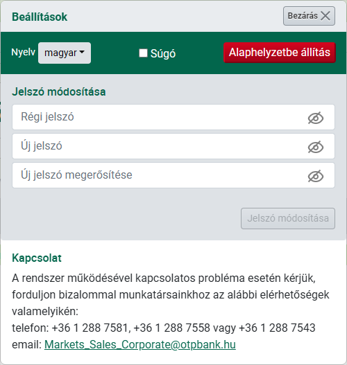 Beállítások, jelszó váltás