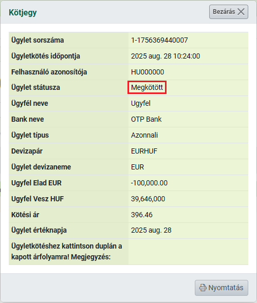 Sikeres kötés státusza
